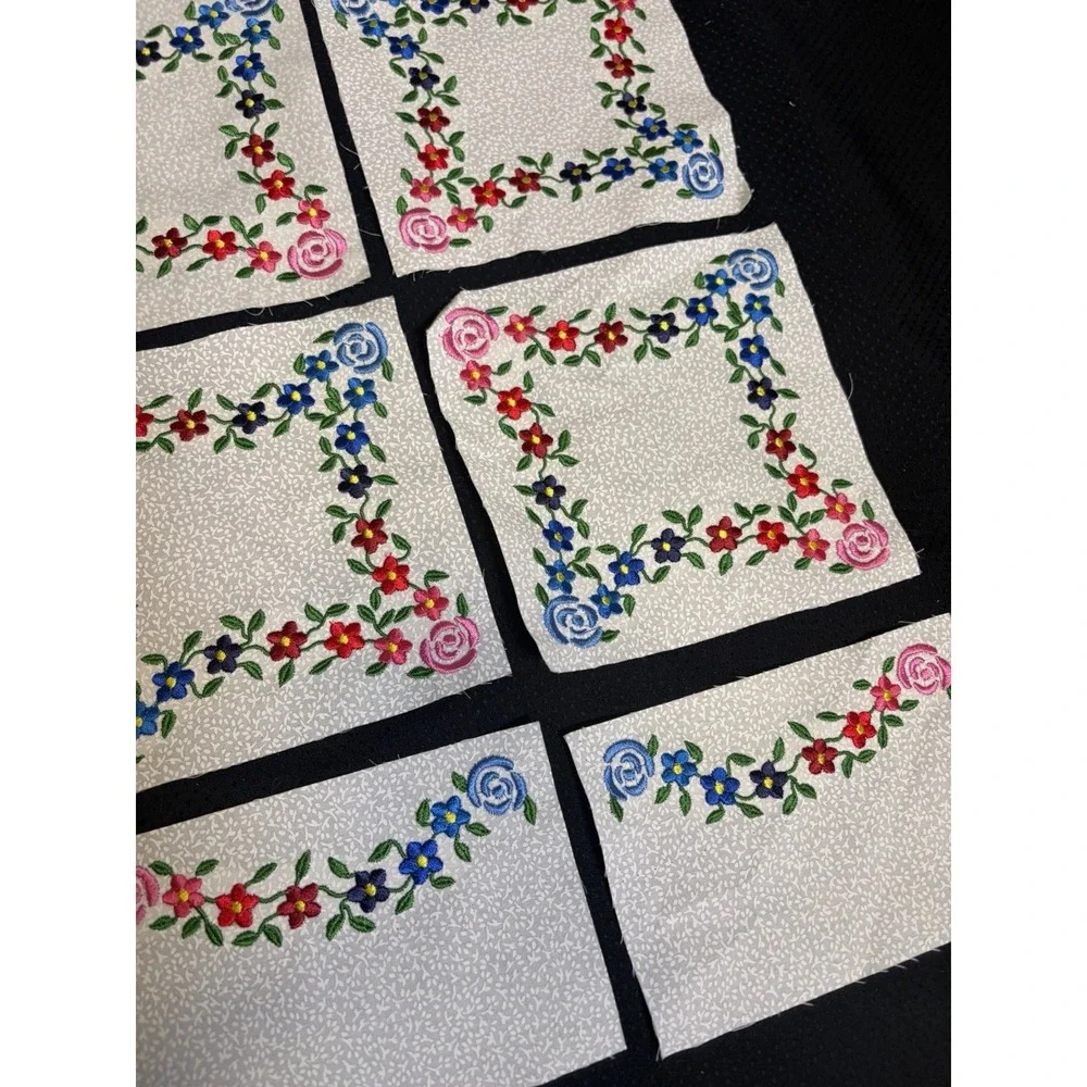 Set of 14 Vtg Quilt Blocks~ Machine Embroidered Flower Border~6